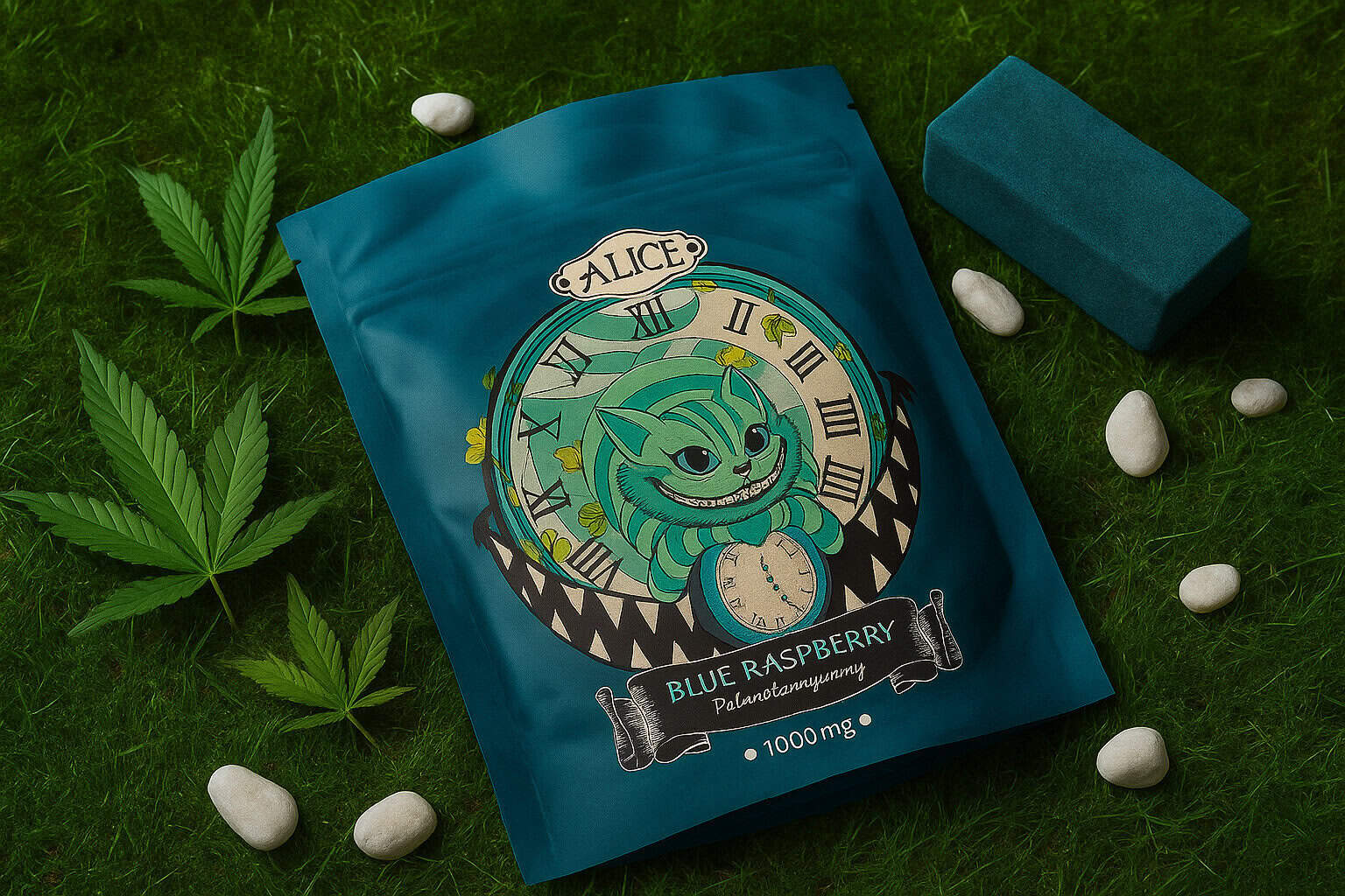 Bright blue psychedelic magic mushroom product packaging featuring a whimsical cat design with clock elements, surrounded by green cannabis leaves and white stones on grass.