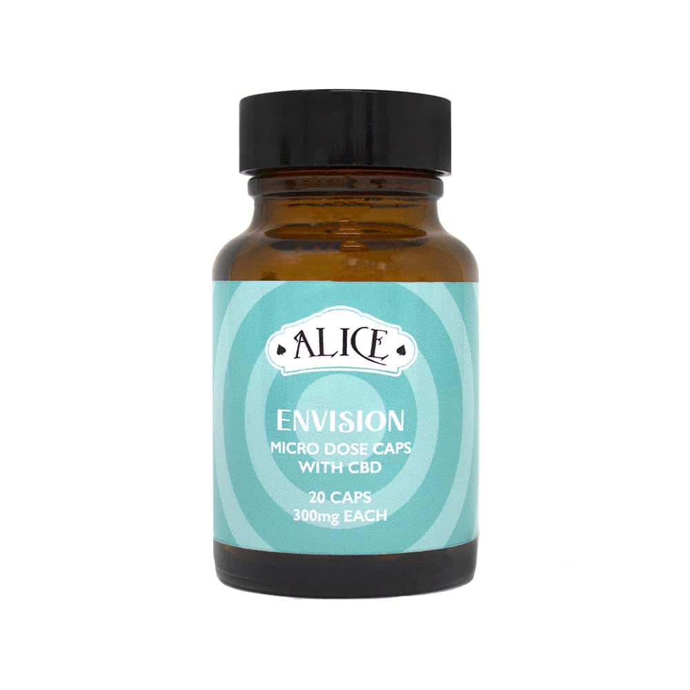 Organic CBD microdose capsules labeled "Envision" by Alice, with 20 capsules containing 300mg each, designed for enhancing mental clarity and focus.
