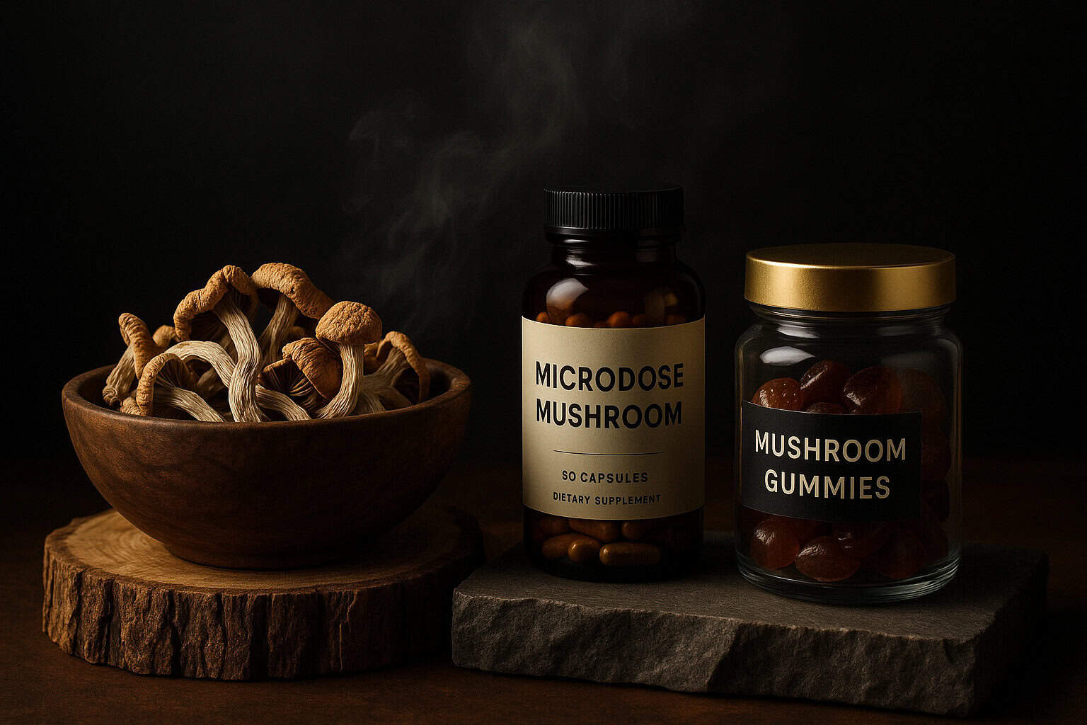 Fresh dried shiitake mushrooms in a wooden bowl for medicinal and culinary use.
