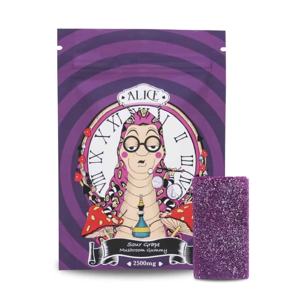 Bright purple sour grape mushroom gummy with colorful Alice-inspired artwork packaging for online magic mushroom store Canada.