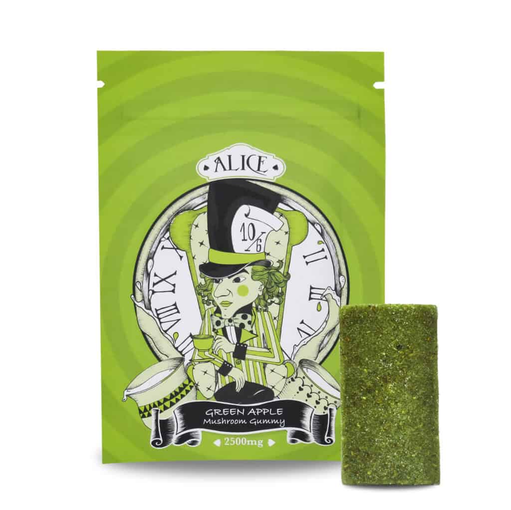 Bright green mushroom gummy with packaging featuring a whimsical clock and Alice in Wonderland theme, labeled as Green Apple Mushroom Gummy, 2500mg, for online magic mushroom sales in Canada.