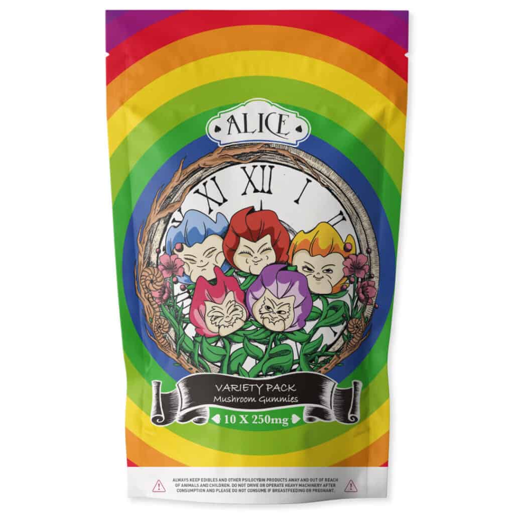 Brightly colored mushroom gummy package featuring a rainbow background and cartoon characters, ideal for online magic mushroom store listings.