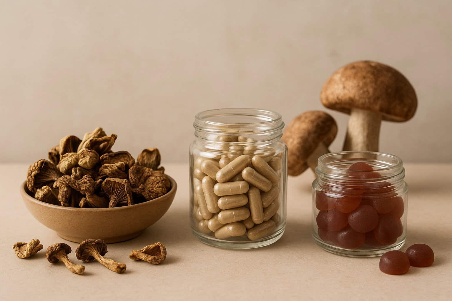 Dried mushrooms, psilocybin capsules, and psychedelic gummies in glass jars with fresh mushrooms in the background, showcasing products available at ShroomsCanada.co for online magic mushroom purchases in Canada.