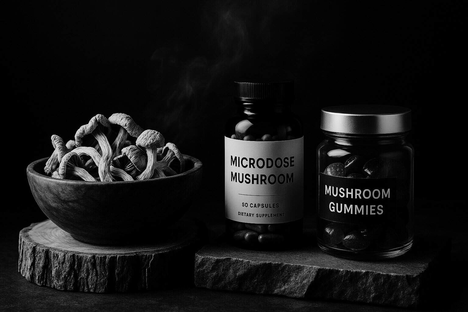 Shroomscanada.co microdose mushroom capsules and mushroom gummies displayed on wood slices against a black background.