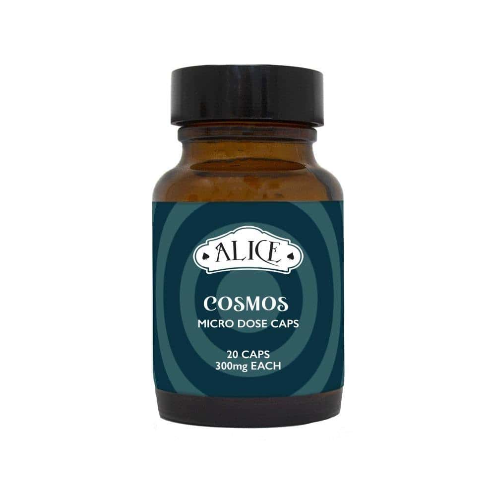 Vial of Alice Cosmos microdose mushroom capsules, dietary supplement for cognitive and mood enhancement.