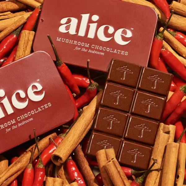 Rich dark chocolate mushroom-shaped bars with Marsala chili flavors surrounded by red chili peppers and cinnamon sticks. Perfect for a unique edible treat or a psychedelic-inspired gift.