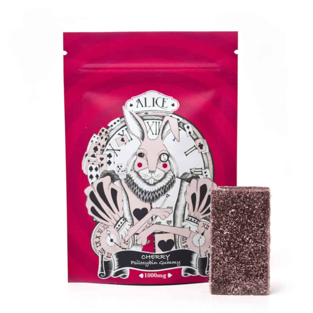 Purple packaging with a whimsical rabbit illustration, psilocybin gummy in front, labeled as Cherry flavor, 1000mg dosage.